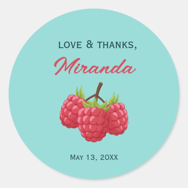 Love and Thanks Custom Round Sticker with Raspbery (Vorderseite)