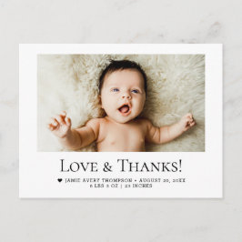 Love and Thanks Horizontal Baby Photo Birth Stats Postkarte