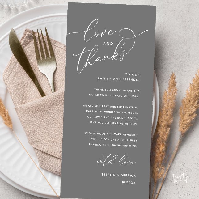 Love and Thanks, Wedding Dinner Thank You Card Programm (Love and Thanks, Wedding Romantic Reception Thank You Card in Dark Grey)