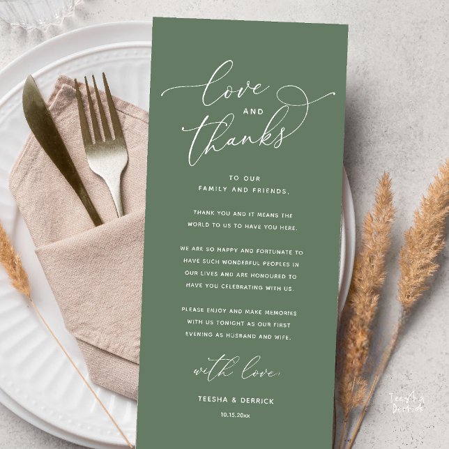 Love and Thanks, Wedding Dinner Thank You Card Programm (Love and Thanks, Wedding Romantic Reception Thank You Card in Sage Green)
