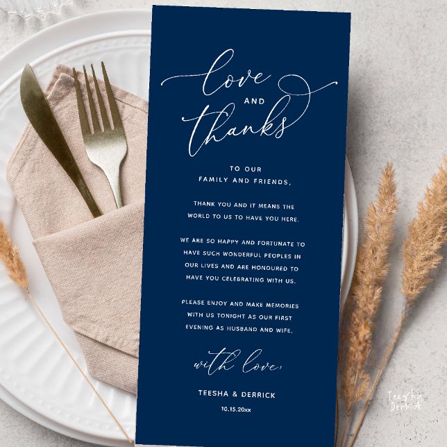 Love and Thanks, Wedding Dinner Thank You Card Programm (Love and Thanks, Wedding Romantic Reception Thank You Card in Navy Blue)