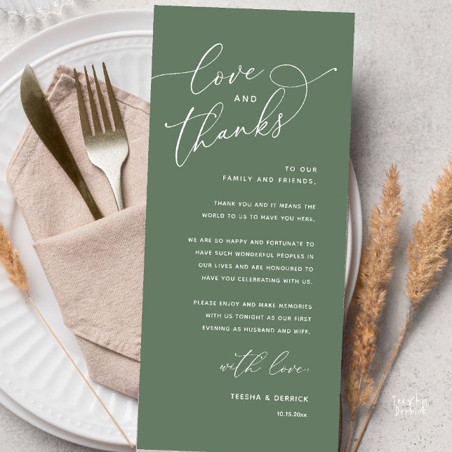 Love and Thanks, Wedding Dinner Thank You Card Programm (Love and Thanks, Wedding Romantic Reception Thank You Card in Sage Green)