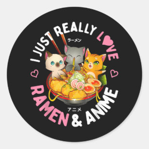 Love Anime and Ramen Japanese Noodles Cat Kawaii Runder Aufkleber
