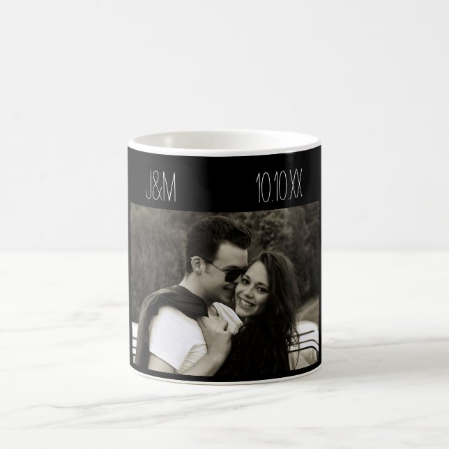 Love Anniversary Couple Photo Date Initials Black Kaffeetasse (Mittel)