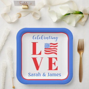 LOVE Aquarell-Amerikanische-Flagge-NAME-Braut- Pappteller