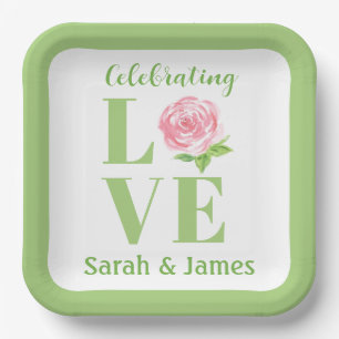 LOVE Aquarell-Rose NAME Hochzeit Pappteller