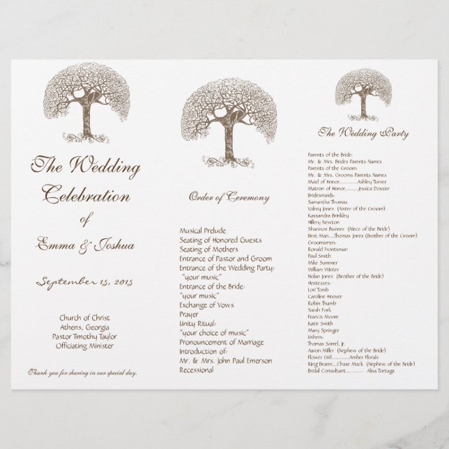 Love Bird Brown Swirl Tree TriFold Wedding Program (Vorderseite)