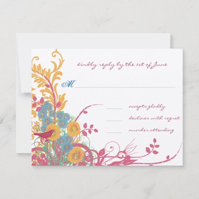 LOVE Bird Floral Pink und Blue Wedding RSVP Karte (Vorderseite)