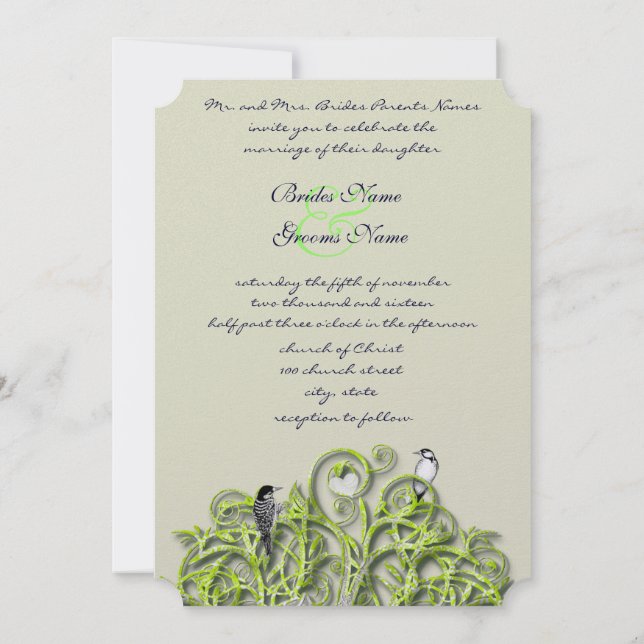 Love Bird Green Swirl Tree Wedding Felt Einladung (Rückseite)