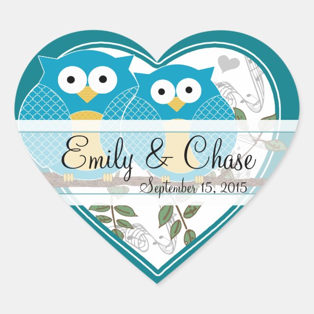 Love Bird Owls sitzen auf einem Zweig-Hochzeitstic Herz-Aufkleber (Vorderseite)