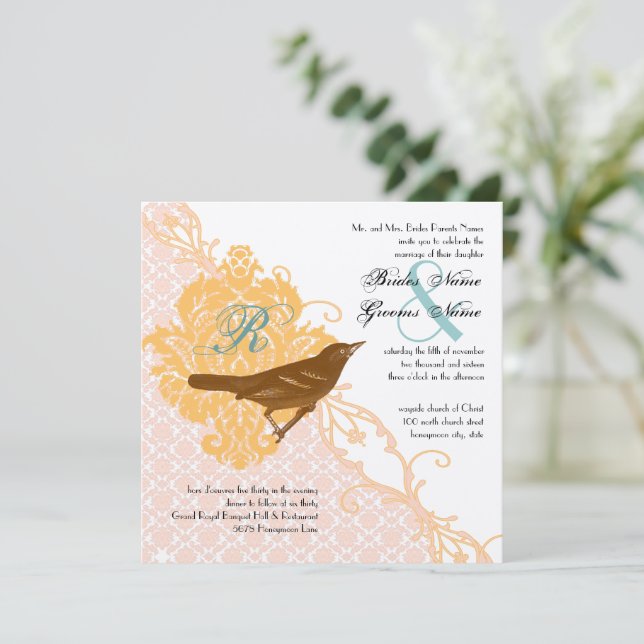 Love Bird Pink Apricot, Robin Egg Blue Damask Einladung (Stehend Vorderseite)
