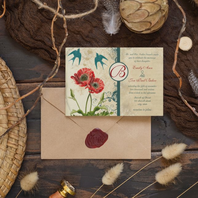 Love Bird Red Lace Damask Poppy Wedding Einladung (Von Creator hochgeladen)