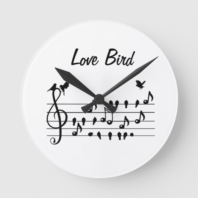 Love Bird, Singvögel, die zwischen Noten sitzen Runde Wanduhr (Vorderseite)