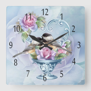 Love Birds and Roses Wall Clock Quadratische Wanduhr
