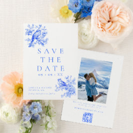 Love Birds Blue Chinoiserie QR Code Foto Hochzeit Save The Date