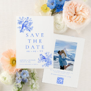 Love Birds Blue Chinoiserie QR Code Foto Hochzeit Save The Date