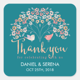 Love Birds Blume Tree Danke Hochzeitsticker Quadratischer Aufkleber