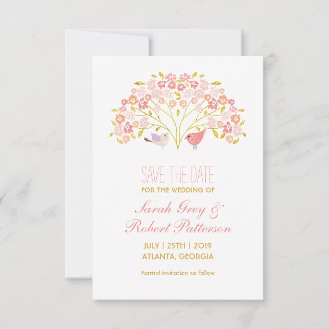 Love Birds Blume Tree Hochzeit speichern Sie die D Save The Date (Vorderseite)