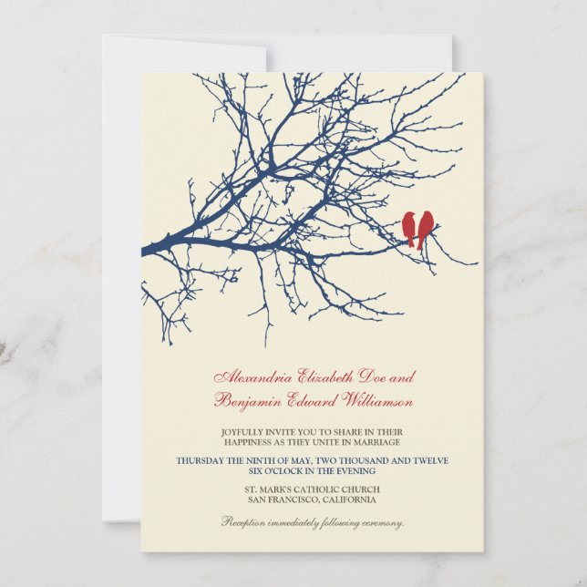 Love Birds Branch Wedding Invitation (Marine) Einladung (Vorderseite)