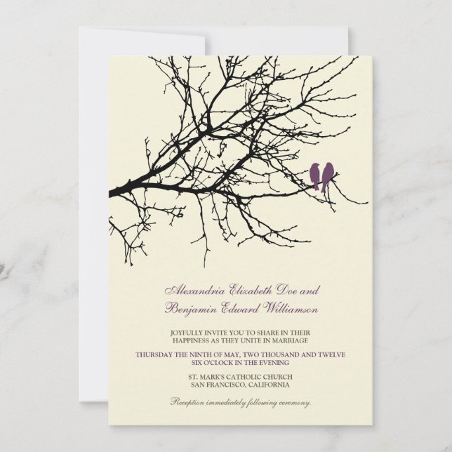 Love Birds Branch Wedding Invitation (plum) Einladung (Vorderseite)