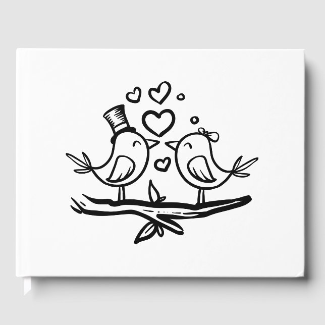 Love Birds Cartoon Lovebirds Schwarz-weiß Hochzeit Gästebuch (Vorderseite)