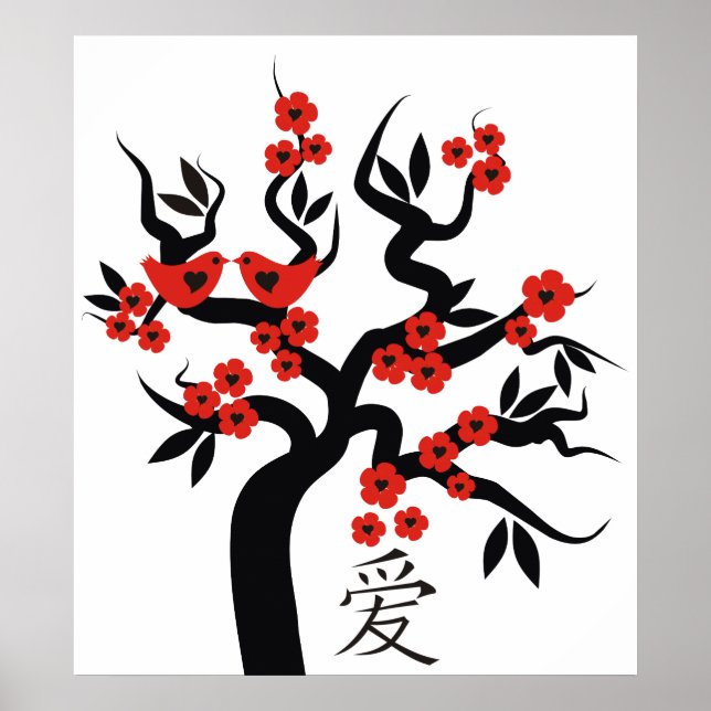 Love Birds Chinesische Liebe Symbol auf Sakura Bau Poster (Vorne)