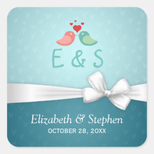 Love Birds Couple Blue White Ribbon Gastgeschenk H Quadratischer Aufkleber