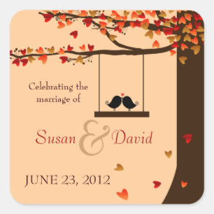 Love Birds Fallende Herzen Eichenbaum Siegel Stick Quadratischer Aufkleber