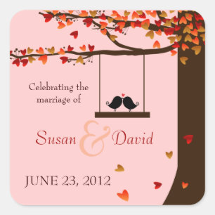 Love Birds Fallende Herzen Eichenbaum Siegel Stick Quadratischer Aufkleber