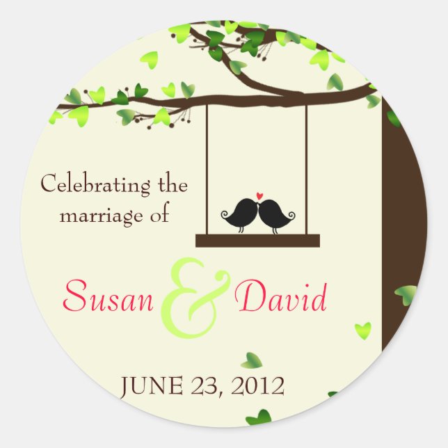 Love Birds Fallende Herzen Eichenbaum Siegel Stick Runder Aufkleber (Vorderseite)