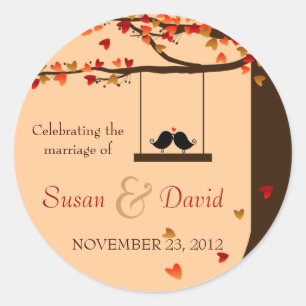 Love Birds Fallende Herzen Eichenbaum Siegel Stick Runder Aufkleber