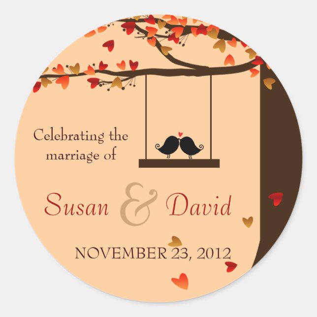 Love Birds Fallende Herzen Eichenbaum Siegel Stick Runder Aufkleber (Vorderseite)