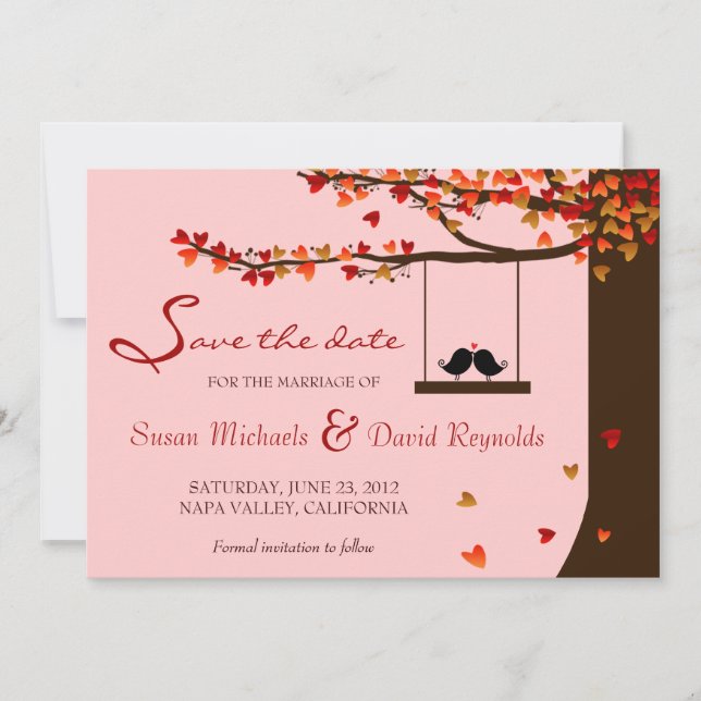 Love Birds Falling Hearts Oak Tree Save the Date (Vorderseite)