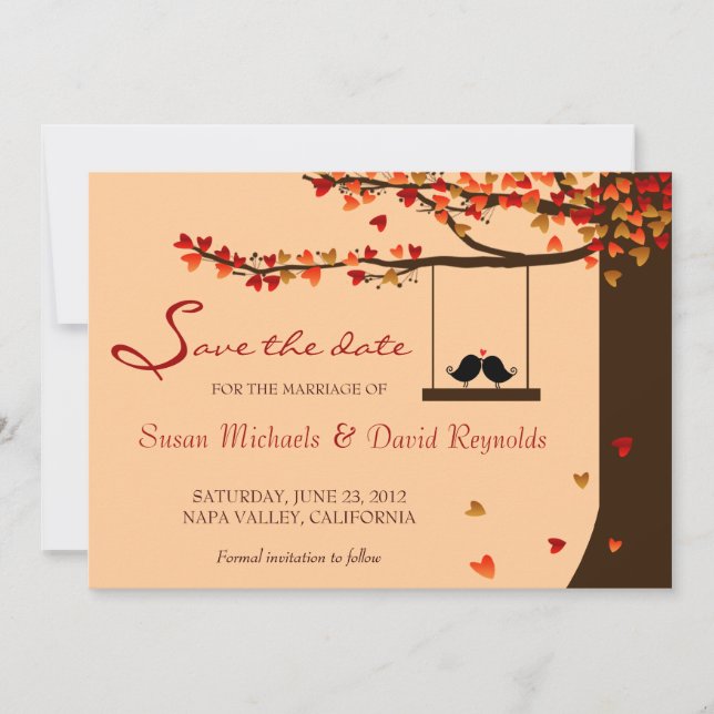 Love Birds Falling Hearts Oak Tree Save the Date (Vorderseite)