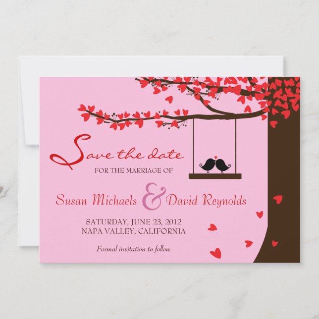 Love Birds Falling Hearts Oak Tree Save the Date (Vorderseite)