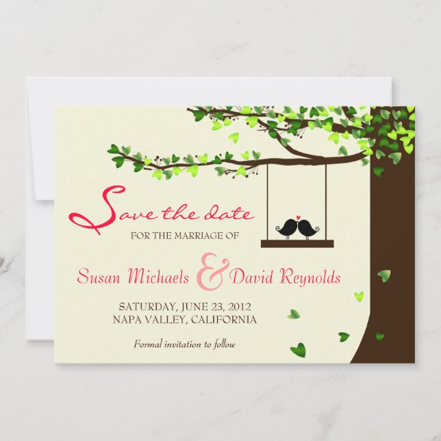 Love Birds Falling Hearts Oak Tree Save the Date (Vorderseite)