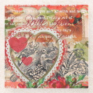 Love Birds Heart Red Art Collage Glasuntersetzer