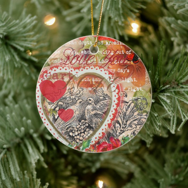 Love Birds Heart Red Art Collage Keramik Ornament (Baum)