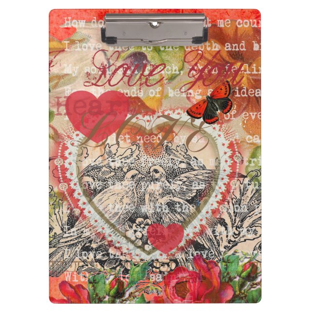 Love Birds Heart Red Art Collage Klemmbrett (Vorderseite)