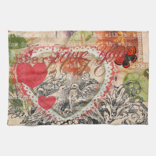 Love Birds Heart Red Art Collage Küchentuch