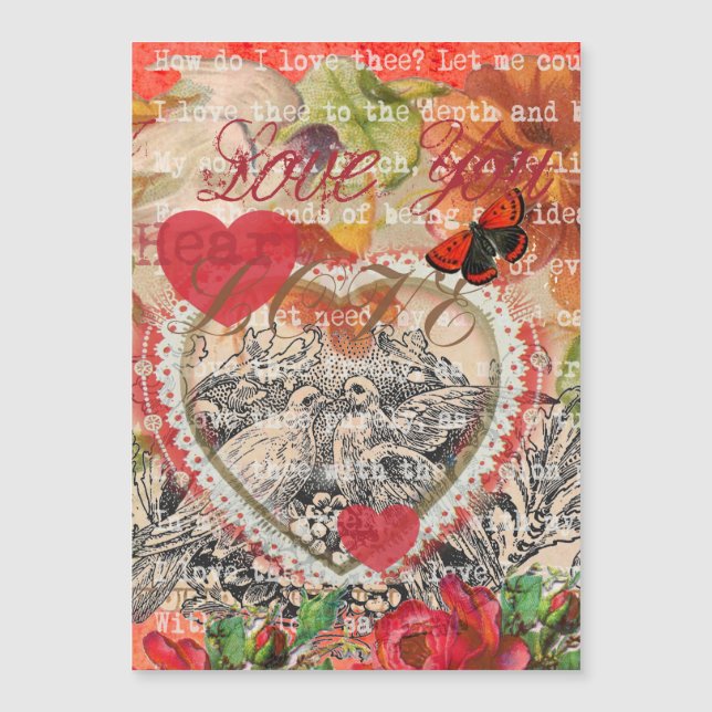 Love Birds Heart Red Art Collage Magnetkarte (Vorderseite)