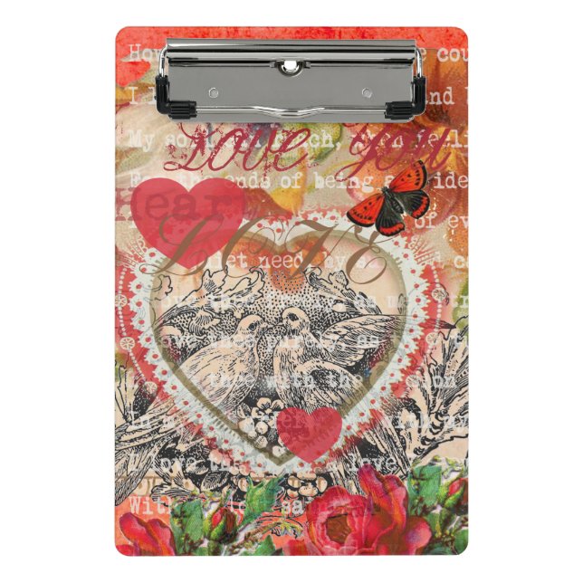 Love Birds Heart Red Art Collage Mini Klemmbrett (Vorderseite)