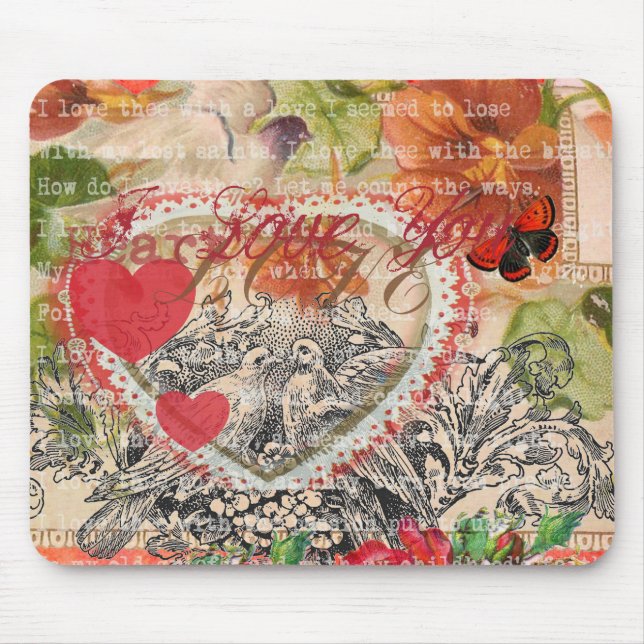 Love Birds Heart Red Art Collage Mousepad (Vorne)