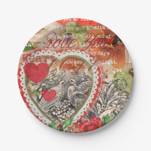 Love Birds Heart Red Art Collage Pappteller