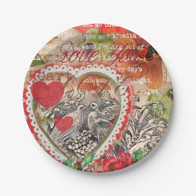 Love Birds Heart Red Art Collage Pappteller (Vorderseite)