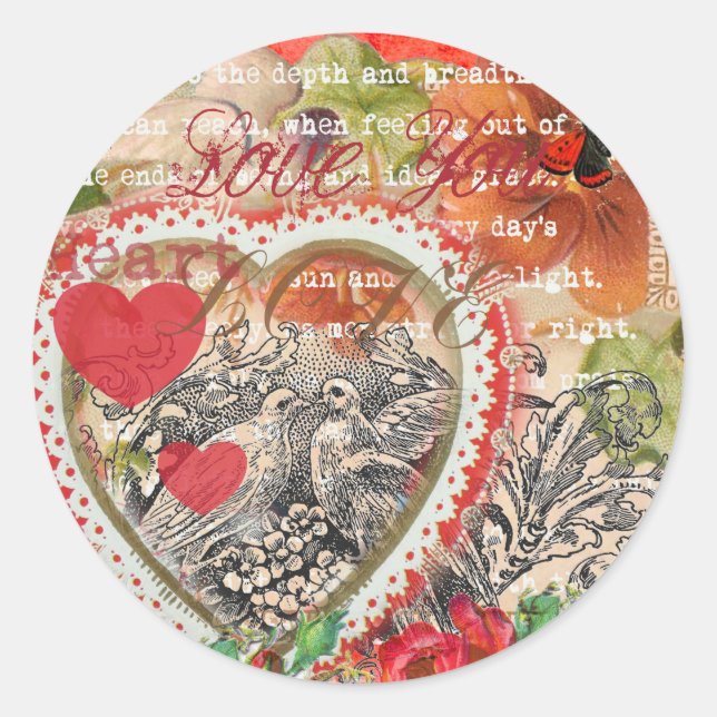 Love Birds Heart Red Art Collage Runder Aufkleber (Vorderseite)
