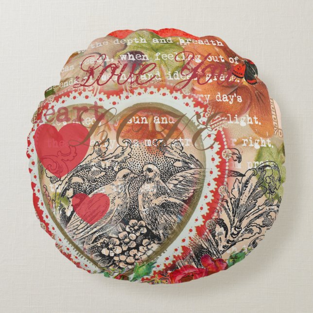 Love Birds Heart Red Art Collage Rundes Kissen (Vorderseite)