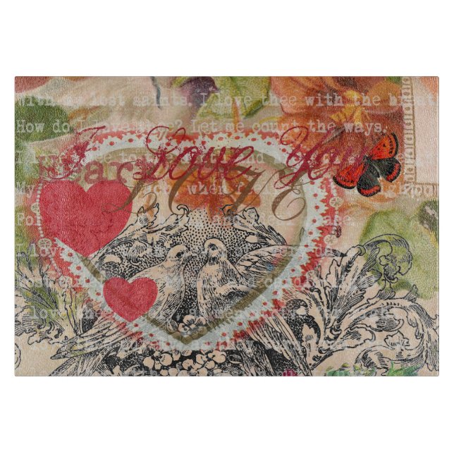 Love Birds Heart Red Art Collage Schneidebrett (Vorderseite)