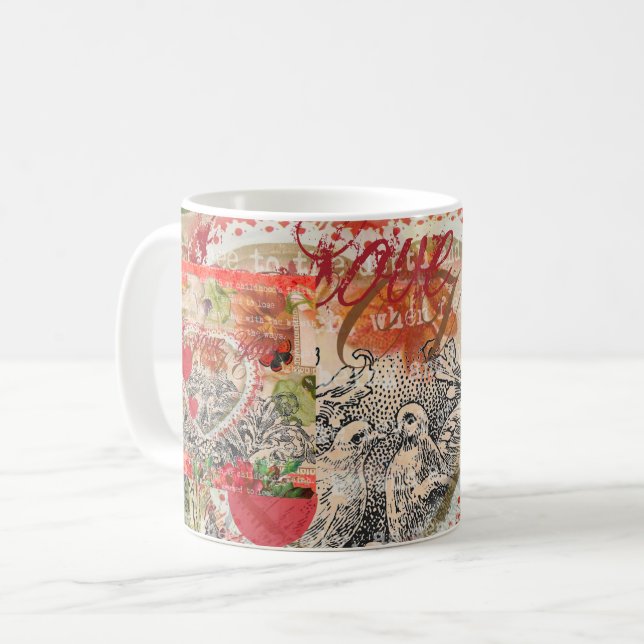 Love Birds Heart Red Art Collage Tasse (Vorderseite Links)