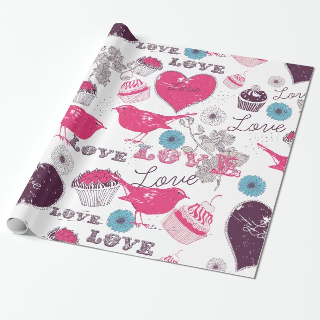 Love Birds herzen & Cupcakes Valentines Muster Geschenkpapier (Ungerollt)
